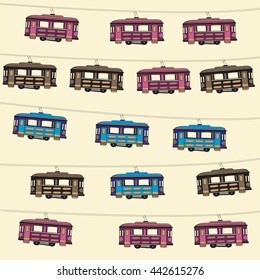 Cartoon style seamless tram pattern on yellow background. Vector cartoon illustration. 