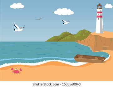 Cartoon Style Seaside. Peaceful Seascape. Wooden Boat on Sand Beach. Roaring Surf, White Seagulls, Clouds in Blue Skies, and Lighthouse. Funny Pink Crab, Crawling. Green Hills Horizon.