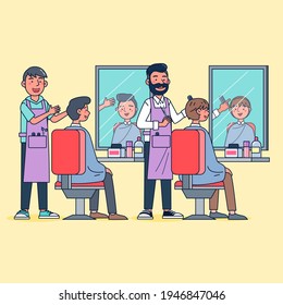 Estilo de caricatura. El peluquero aislado de la barbería está estilizando el pelo de los clientes en la peluquería. diseño de ilustración de vector plano