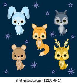 A cartoon style set of cute vector animals and snowflakes on a dark blue background. A child style collection of small forest animals: bear, deer, hare, fox and wolf.