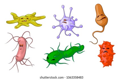 Cartoon style set of funny microbe characters
