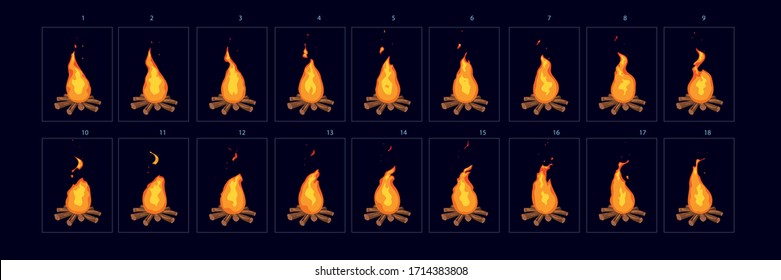 Cartoon style set of game camp fire sprites for animation. Firework animatiion sprite sheet for video games, computer or web design. Bonfire burning frames. vector