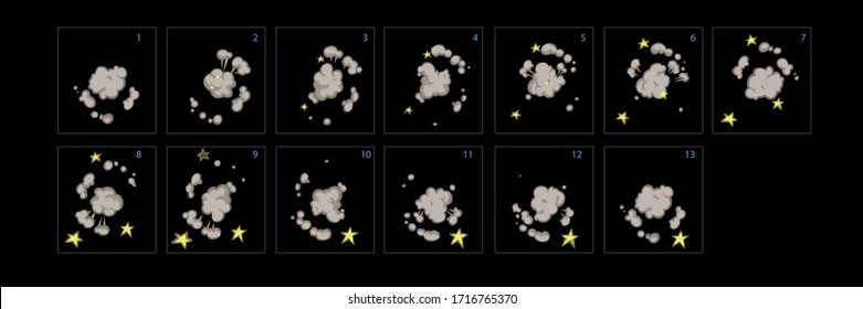 Cartoon-Stil Satz von Spiel Feuerwerk Explode Effekt Bersten Sprites für die Animation. Explosionsspritzer-Blatt für Karikaturen oder Animationen.  Explosionsrahmen-Vektorillustration