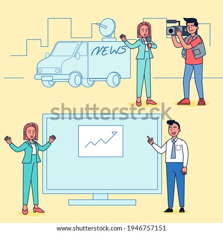 Cartoon style. Set of television videoman and journalist reporting outdoor and broadcast room. difference action isolated flat vector illustration.