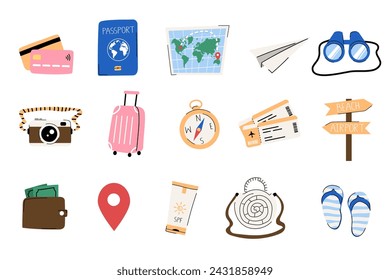 A cartoon style set of travel icons. Doodle vacation elements. Credit card, wallet, money, suitcase, map, plane, tickets, compass, binoculars, camera, direction sign, summer bag, flip flops.