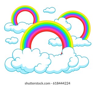 Cartoon style several rainbows and clouds on the white background. 