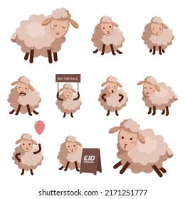 Cartoon style of sheep character set vector illustration. different face expressions of cute sheeps for Eid al Adha poster design