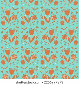 Cartoon style simple flowers silhouettes pattern. Endless texture on mint background