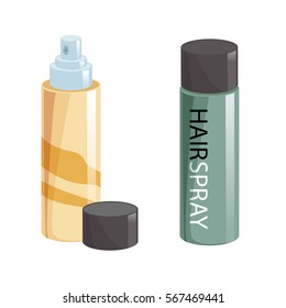 Cartoon style simple gradient hair spray fixation icon set. Open gold container with cap and closed green. Hair care and styling accessory vector illustration collection.