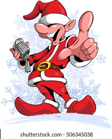 Cartoon style singing christmas gnome with snowflakes on background.