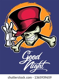 Cartoon style skull with crossbones and cylinder hat, vector skull illustration.