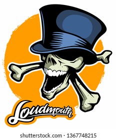 Cartoon style skull with crossbones and cylinder hat, vector skull illustration.
