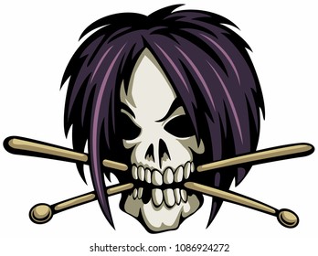 Cartoon style skull with the long hair and drum sticks in his teeth, vector cartoon image.