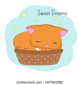 Cartoon style Small  sleeping kitty in a basket. Graphic element for print design, greeting card, poster and t-shirt. Vector illustration.
