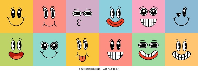 Cartoon style smiley character face set on square colorful background. Different smile emotion collection. Cute funny faces. Positive cartoon facial expressions. Comic vector eps smiles