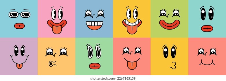 Cartoon style smiley character face set on square colorful stickers. Different emotions smile collection. Cute funny faces. Positive cartoon facial expressions. Comic happy vector eps smiles