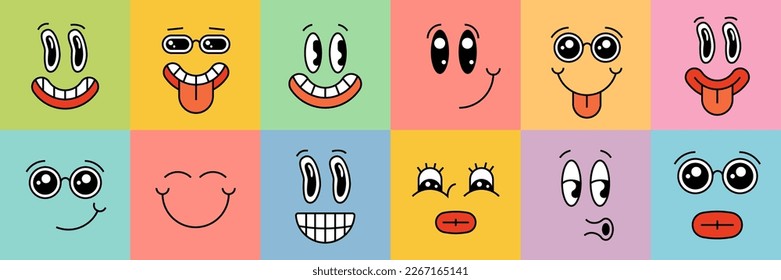 Cartoon style smiley character face set on square colorful background. Different emotions smile collection. Cute funny faces. Positive cartoon facial expressions. Comic happy vector eps smiles