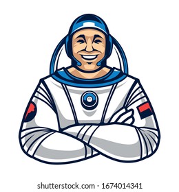 Cartoon style smiling astronaut with crossed hands. Cosmonaut character isolated on white. Happy spaceman vector icon. 