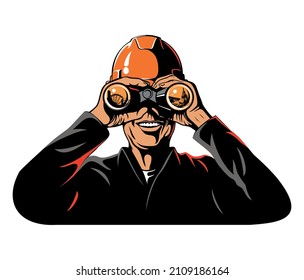 Cartoon-Stil lächelnden Bauer Mann in einem sicheren Helm, Blick durch Ferngläser. Einzeln auf weißem Hintergrund.