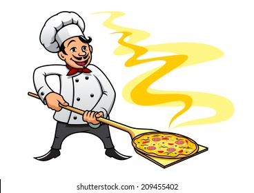 Cartoon style smiling happy baker chef cooking pizza,  suitable for fast food logo and cuisine design