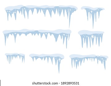 Cartoon style snow.Icicle frame frost set illustration.Cold Winter season.Isolated on white background.Flat vector illustration.Crystal and snowflakes. Star shine.Froze grapfic.Arctic.Hand drawn