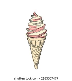 cartoon style soft serve ice cream sweet summer food waffle cone isolated on white background