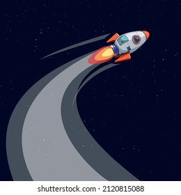 cartoon style space rocket flying in space