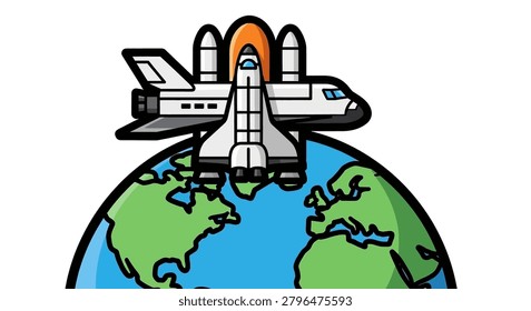 Cartoon style space shuttle flying over globe