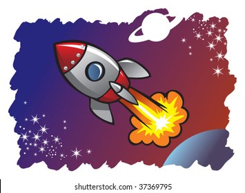 Cartoon style spaceship or rocket flying in the space among planets and stars, vector illustration