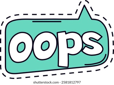 Cartoon style speech bubble with the word oops inside, surrounded by dashed lines. The design captures the concept of a mistake or error in a playful and colorful way