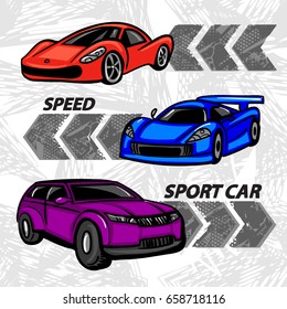 cartoon style sport car grunge shape seamless pattern in tender grey color and shabby arrows. Colorful auto drawing in cartoon style. Guys poster with transport.  t shirt speed design 