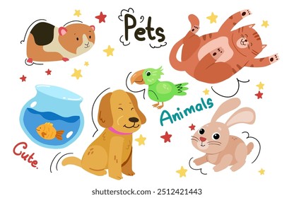 Cartoon style sticker set of pets