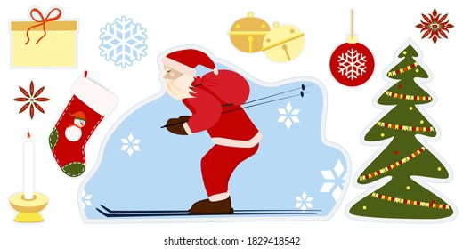 Cartoon style stickers for merry christmas. Merry Christmas and New Year symbols for advent calendar. Santa Claus, spruce, xmas ball, stocking, bells, candle, gift box, ornament elements. Vector