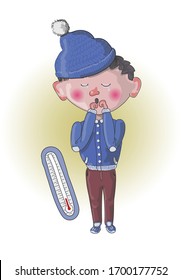 Cartoon style stock vector illustration. A thermometer is drawn and next to it is a boy who froze and got frostbite, he has red hands, ears, cheeks and a nose