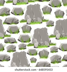 Cartoon style stones with grass seamless pattern. Vector illustration