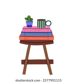 Cartoon style stool with stack of colorful books, coffee mug, and small potted plant – Perfect for home decor, reading nook, or cozy Interior illustrations