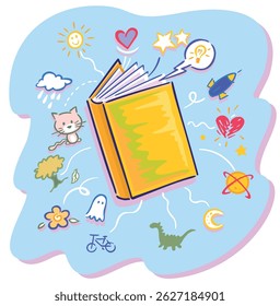 Cartoon style storybook illustration with fantasy elements bursting out of the pages.