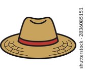 Cartoon Style Straw Fedora Hat with Red Ribbon Summer Vacation Travel Vector Icon