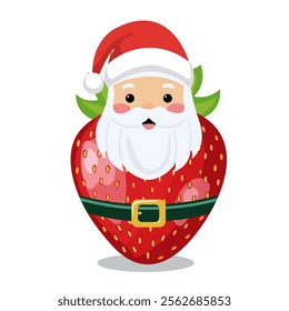 Cartoon Style Strawberry Santa on White Background for Merry Christmas Festival.