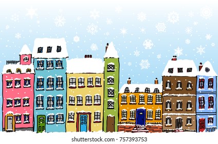 Cartoon style street of old fashioned town houses covered in snow with snowflakes falling
