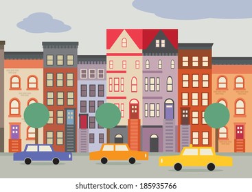 A Cartoon Style Street Scene Of A Brooklyn Street, With Brownstone Houses.
