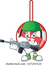 A cartoon style of striped peppermint candy Army with machine gun