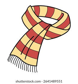 Cartoon style striped scarf featuring alternating red and beige bands with black outlines, creating a cozy and warm winter accessory. It has a transparent background.