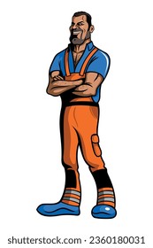 Cartoon Stil starke Arbeiter Mann in orangefarbenen Overalls. Einzeln auf weißem Hintergrund.