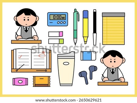 Cartoon style students character and school supplies illustration set. Isolated objects clip art collection for school life. 