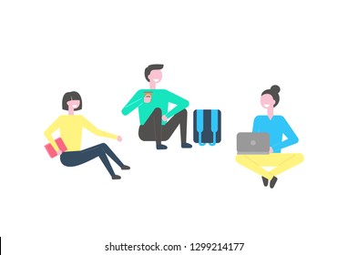 Cartoon style students relaxing during break in college or university. Vector young people male and female sitting with books, drinking coffee and typing on notebook