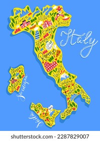 Cartoon style, stylised map of Italy, Hand drawn vector illustration. Cartoon tourist map with symbols of Italy and lettering. Italian city names, Sardinia and Sicilia islands. 