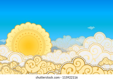 Cartoon style sun and clouds