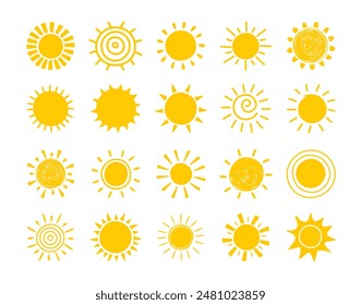 Iconos del sol del estilo de la historieta. Colección de Elementos de verano. Ilustración vectorial