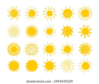 Cartoon style sun icons. Collection of summer elements. Vector illustration